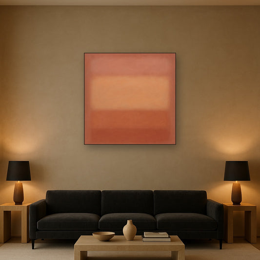 Blush Rose & Dusky Terracotta Ambient Glow No. 27 Oil Painting Staged Above Sectional Sofa in Living Room, Hand Painted Canvas Wall Art for Home Decor