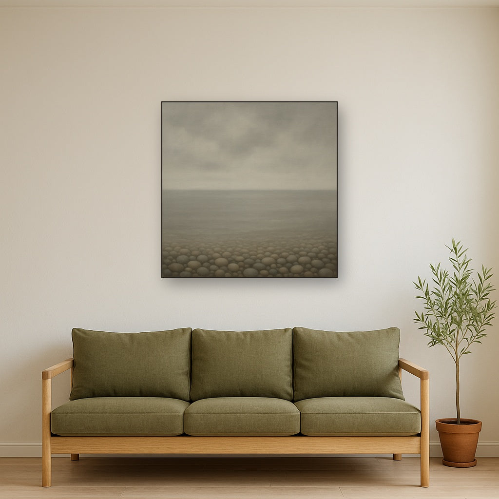 Overcast Coastal Fog & Wet Pebble Shingle Oil Painting - View 2