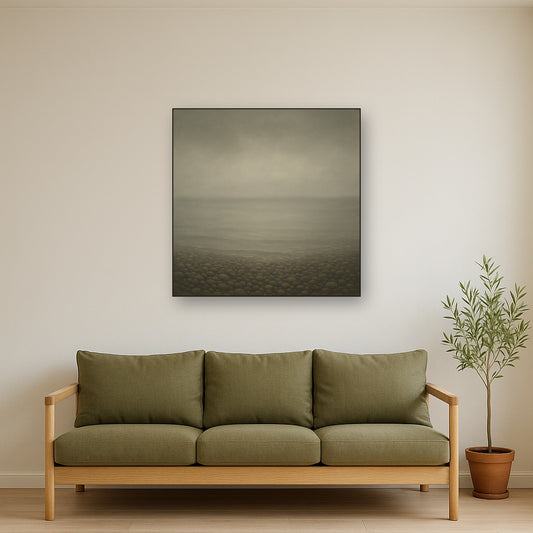 Overcast Coastal Fog & Wet Pebble Shingle No. 9 Oil Painting Staged Above Sectional Sofa in Living Room, Hand Painted Canvas Wall Art for Home Decor
