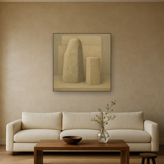 Driftwood Grey & Weathered Stone Monolith No. 23 Oil Painting Staged Above Sectional Sofa in Living Room, Hand Painted Canvas Wall Art for Home Decor