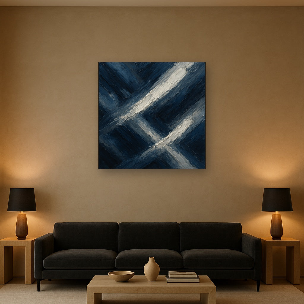 Prussian Indigo Sweep Modern Abstract Oil Painting - Styled in Modern Living Room