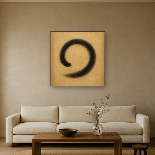 Aged Rice Paper & Charcoal Calligraphic Balance No. 3 Oil Painting Staged Above Sectional Sofa in Living Room, Hand Painted Canvas Wall Art for Home Decor