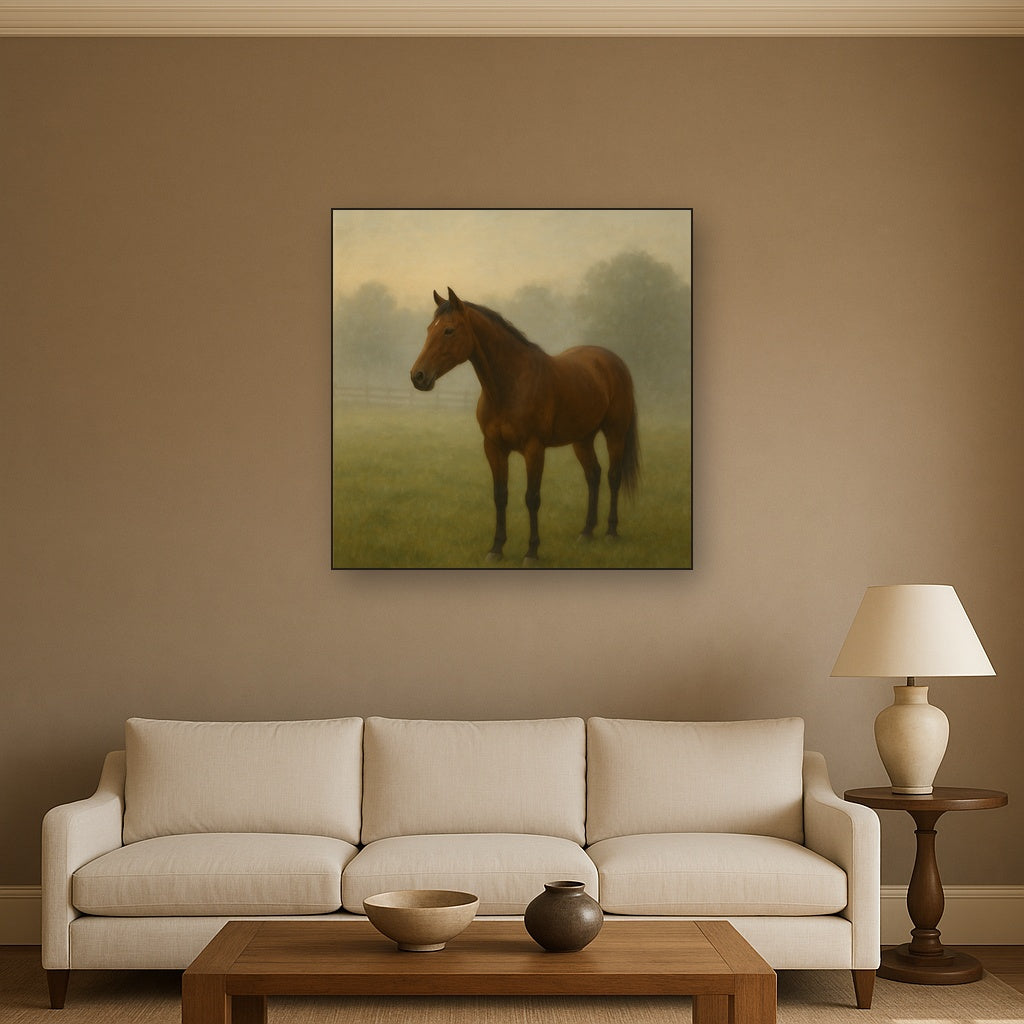 Thoroughbred in Morning Pasture Mist No. 9 Oil Painting - View 2