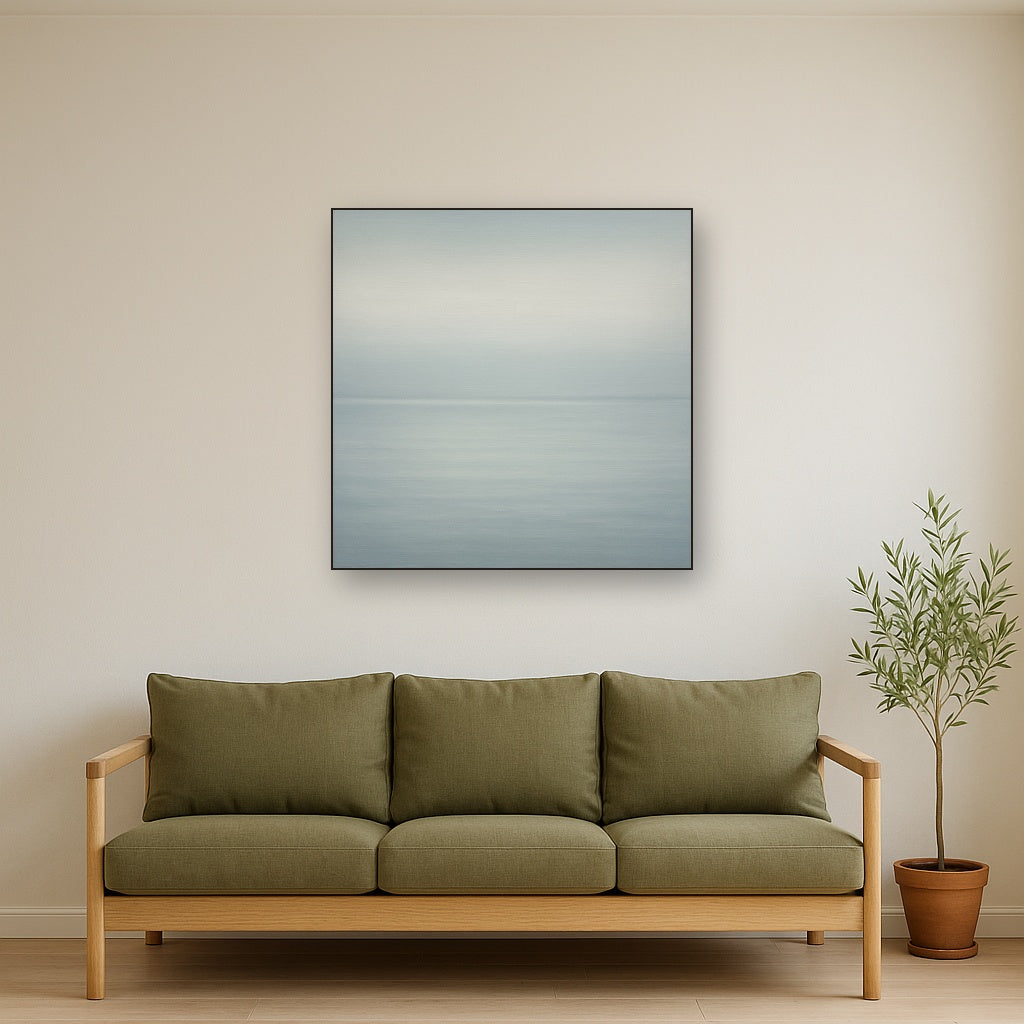 Glass Horizon over Quiet Arctic Waters No. 22 Oil Painting Staged Above Sectional Sofa in Living Room, Hand Painted Canvas Wall Art for Home Decor