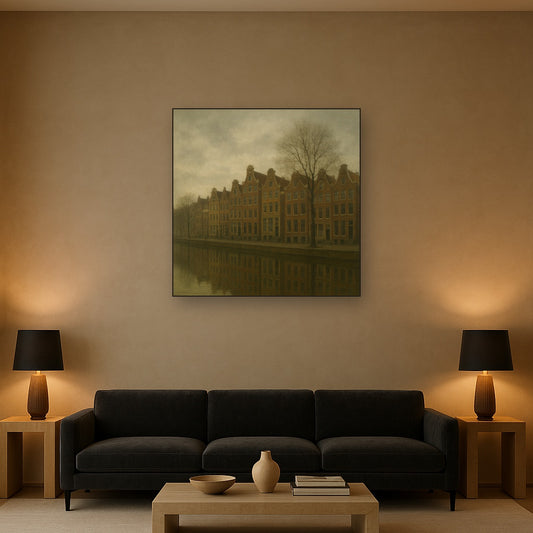 Amsterdam Canal Houses Under Overcast Sky No. 12 Oil Painting Staged Above Sectional Sofa in Living Room, Hand Painted Canvas Wall Art for Home Decor