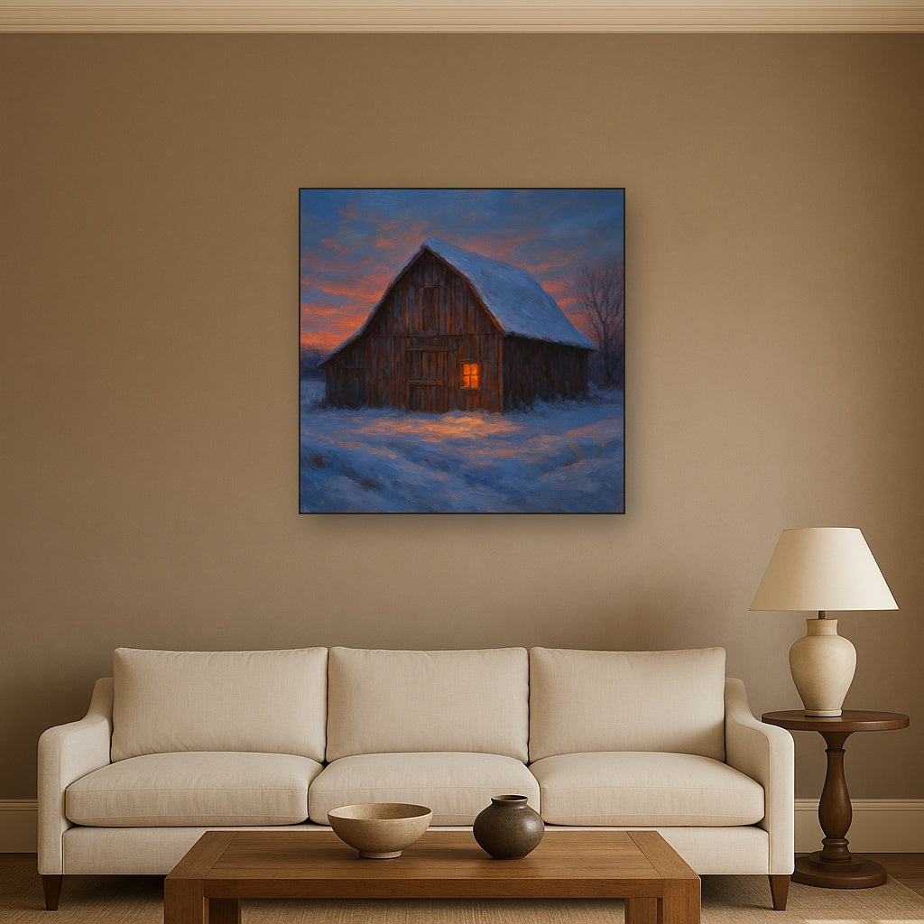 Rustic Wooden Barn in Quiet Winter Twilight Fine Art Oil Painting - View 2