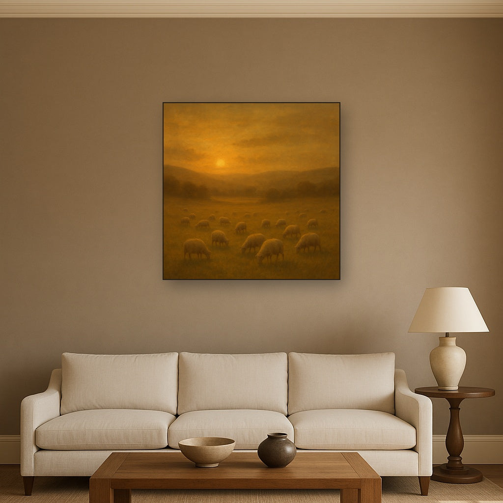Sunset Grazing Flock in Golden Valley No. 5 Oil Painting - View 2