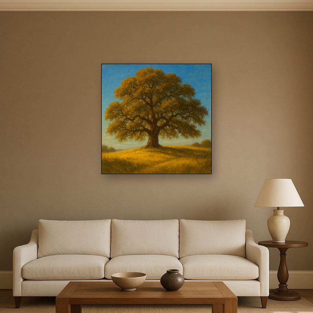 Old Oak Tree on Sunlit Meadow Ridge Fine Art Oil Painting - View 2