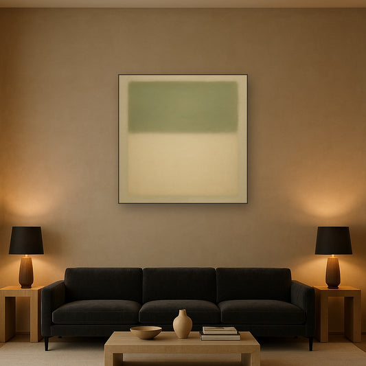 Sage Olive & Pale Sandstone Minimalist Harmony No. 28 Oil Painting Staged Above Sectional Sofa in Living Room, Hand Painted Canvas Wall Art for Home Decor