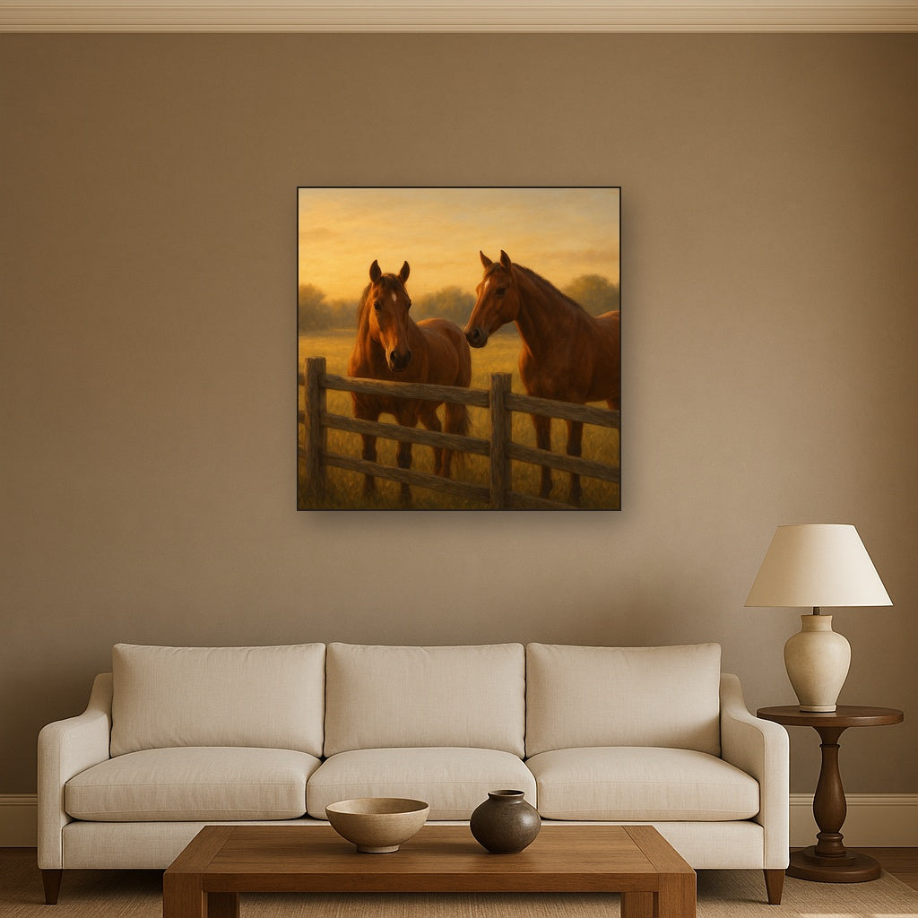 Two Horses at Rustic Post & Rail Fence No. 8 Oil Painting - View 2