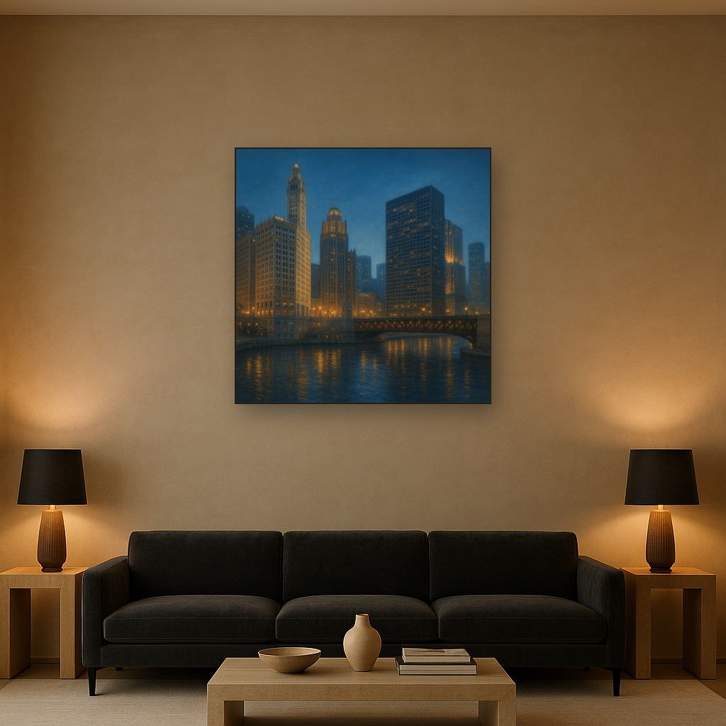 Chicago Riverfront Architecture at Blue Hour No. 9 Oil Painting - View 2