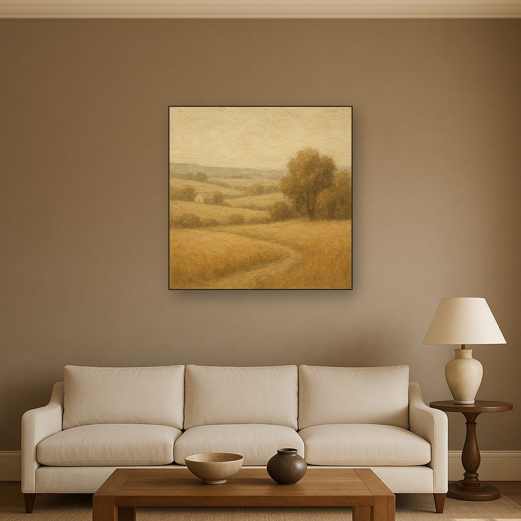 Earthy Linen Plaster Countryside Calm No. 2 Oil Painting - Styled in Modern Living Room
