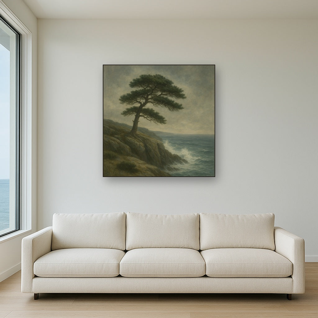 Wild Coastal Pine on Stormy Granite Cliff No. 10 Oil Painting Staged Above Sectional Sofa in Living Room, Hand Painted Canvas Wall Art for Home Decor