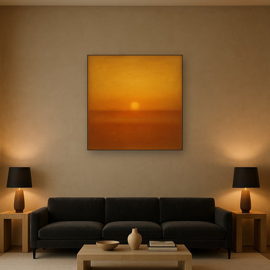 Warm Amber & Raw Sienna Sunset Meditation No. 8 Oil Painting Staged Above Sectional Sofa in Living Room, Hand Painted Canvas Wall Art for Home Decor
