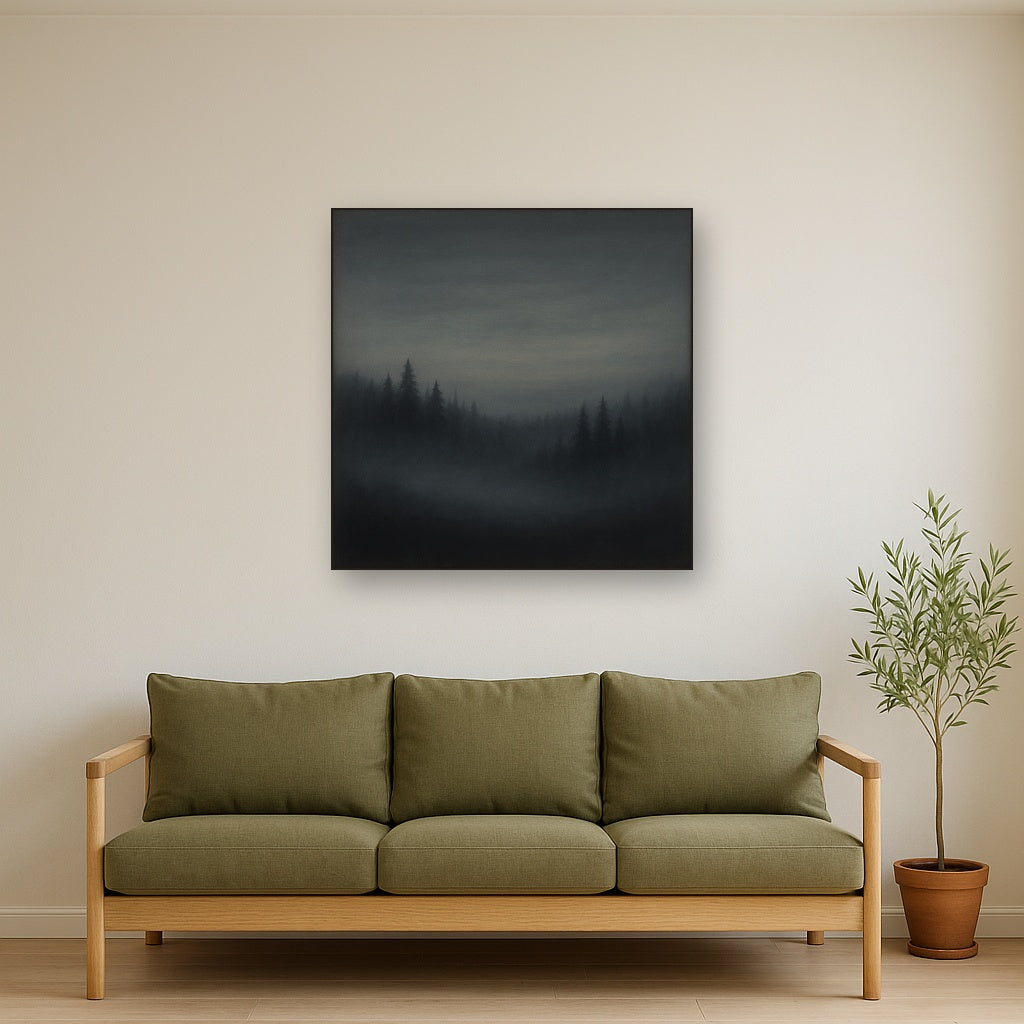 Dusk over Silent Pine Ridgeline in Charcoal Fog No. 7 Oil Painting Staged Above Sectional Sofa in Living Room, Hand Painted Canvas Wall Art for Home Decor