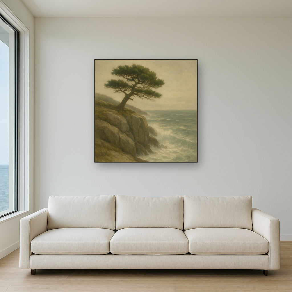 Wild Coastal Pine on Stormy Granite Cliff No. 3 Oil Painting Staged Above Sectional Sofa in Living Room, Hand Painted Canvas Wall Art for Home Decor
