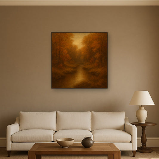 Secluded Woodland Brook in Autumn Glow Oil Painting Staged Above Sectional Sofa in Living Room, Hand Painted Canvas Wall Art for Home Decor