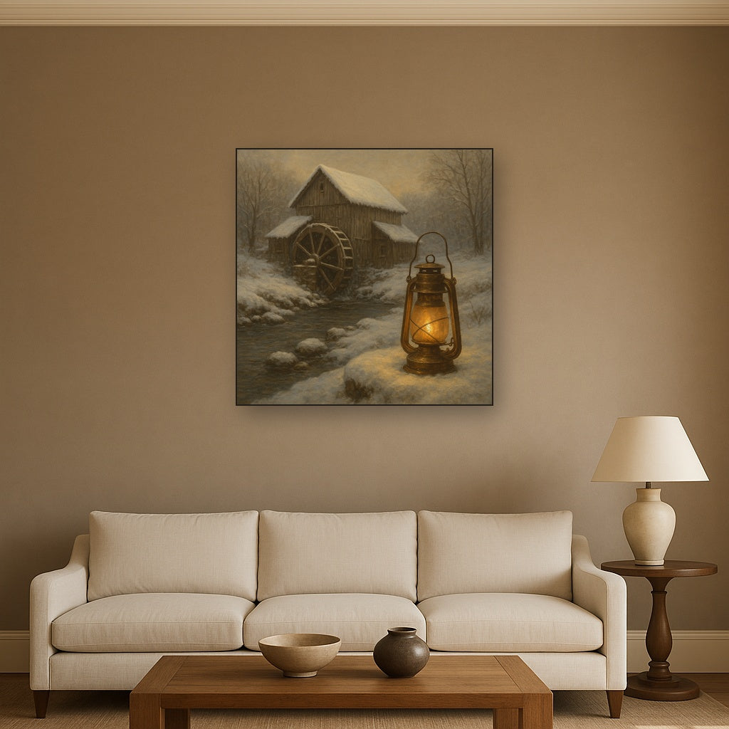 Snowy Mill Stream & Glowing Lantern No. 7 Oil Painting - View 2