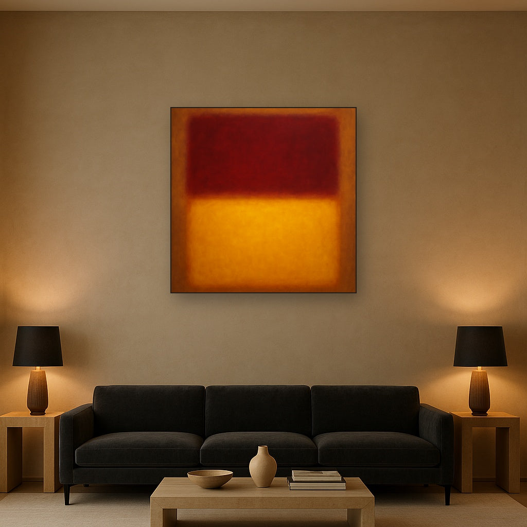 Crimson Burgundy & Saffron Gold Color Vibrations No. 12 Oil Painting Staged Above Sectional Sofa in Living Room, Hand Painted Canvas Wall Art for Home Decor