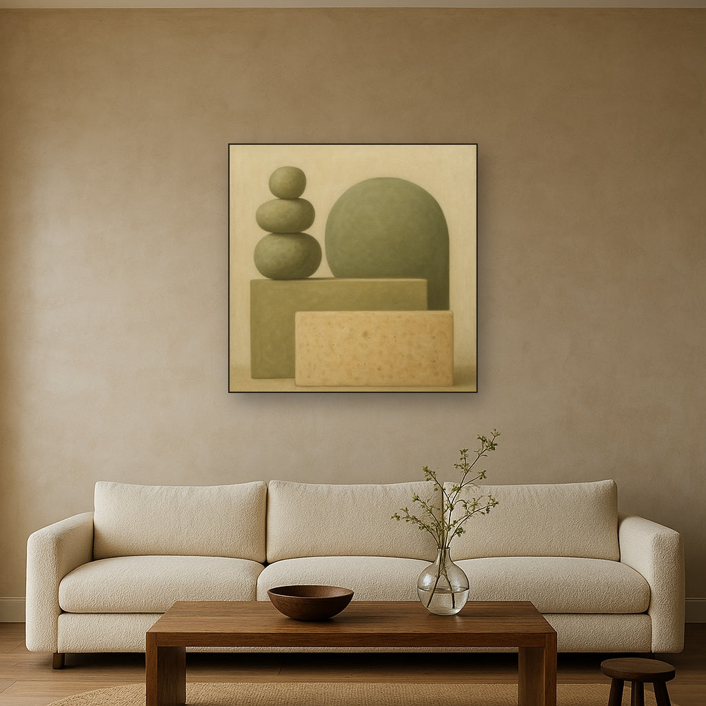 Muted Olive & Sandstone Geometric Balance No. 12 Oil Painting - View 2