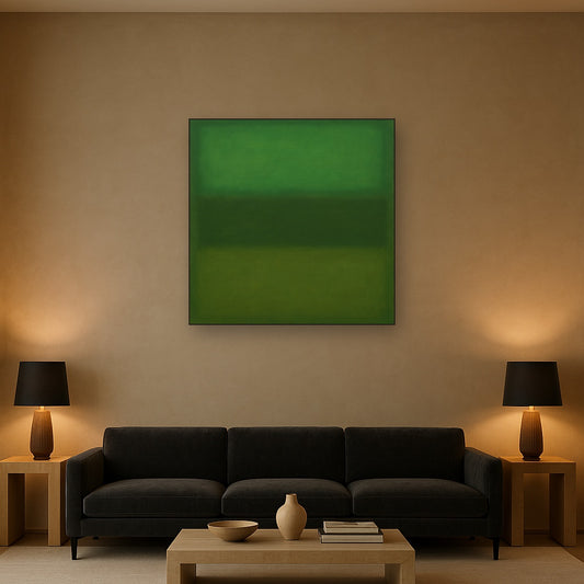 Forest Emerald & Deep Moss Contemplative Field No. 5 Oil Painting Staged Above Sectional Sofa in Living Room, Hand Painted Canvas Wall Art for Home Decor