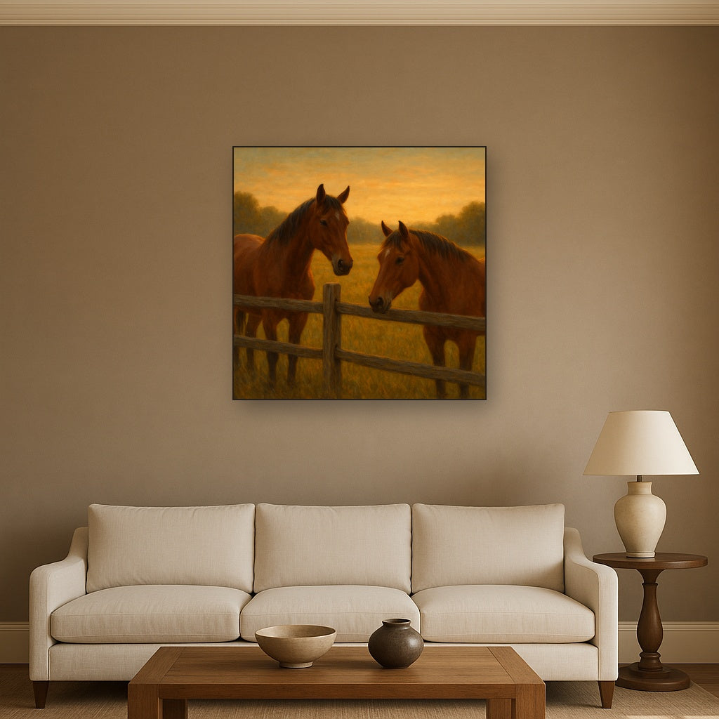 Two Horses at Rustic Post & Rail Fence No. 13 Oil Painting - View 2