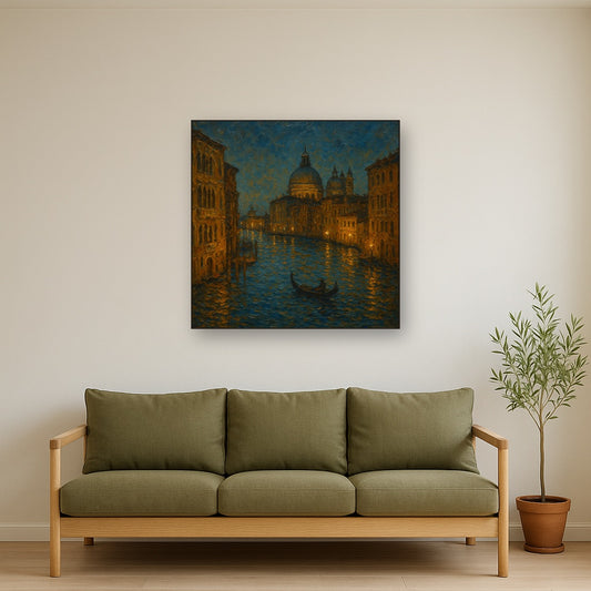Vintage Venetian Grand Canal at Twilight No. 4 Oil Painting - Styled in Modern Living Room