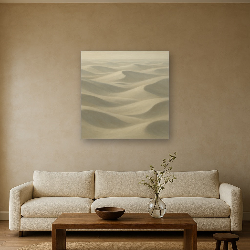 Monochrome Sand Dune Contours & Pale Slate No. 24 Oil Painting Staged Above Sectional Sofa in Living Room, Hand Painted Canvas Wall Art for Home Decor