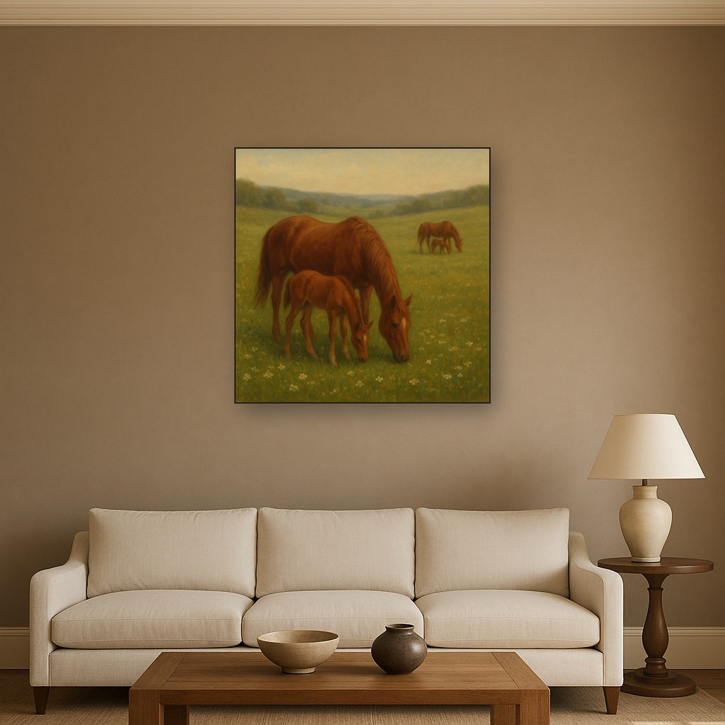 Mares & Foals Grazing in Rolling Meadow No. 12 Oil Painting - View 2