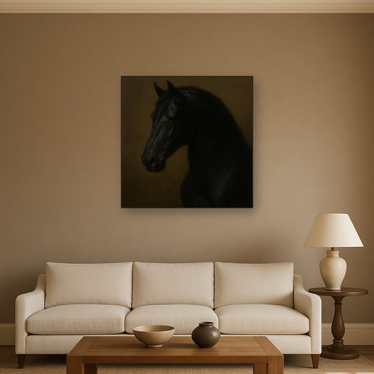 Dark Stallion Portrait in Classical Sfumato No. 19 Oil Painting Staged Above Sectional Sofa in Living Room, Hand Painted Canvas Wall Art for Home Decor