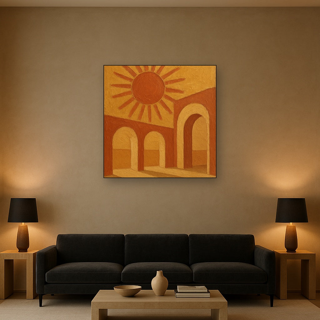 Mid-Century Terracotta Sun & Arches No. 4 Oil Painting - Styled in Modern Living Room