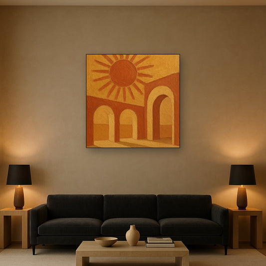 Mid-Century Terracotta Sun & Arches No. 4 Oil Painting - Styled in Modern Living Room