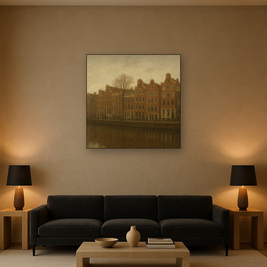 Amsterdam Canal Houses Under Overcast Sky No. 10 Oil Painting Staged Above Sectional Sofa in Living Room, Hand Painted Canvas Wall Art for Home Decor
