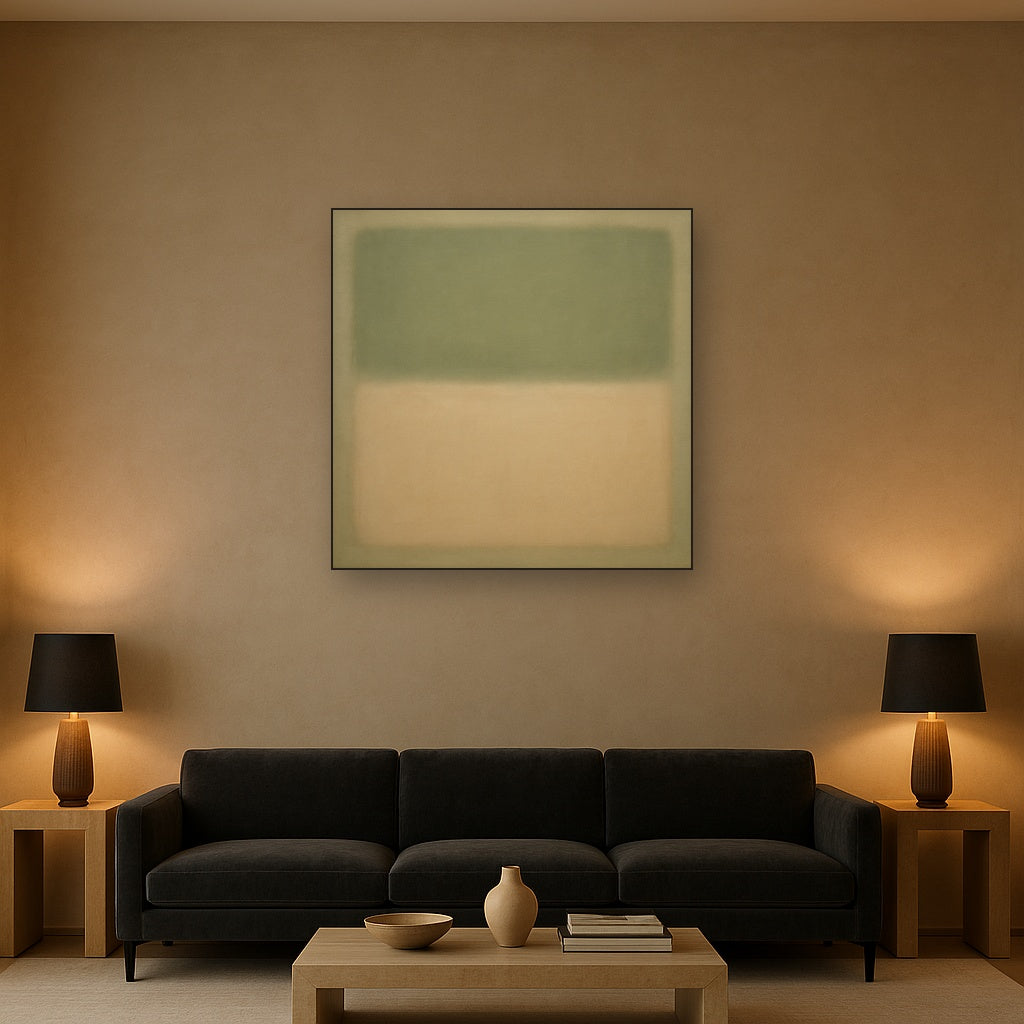 Sage Olive & Pale Sandstone Minimalist Harmony No. 2 Oil Painting Staged Above Sectional Sofa in Living Room, Hand Painted Canvas Wall Art for Home Decor