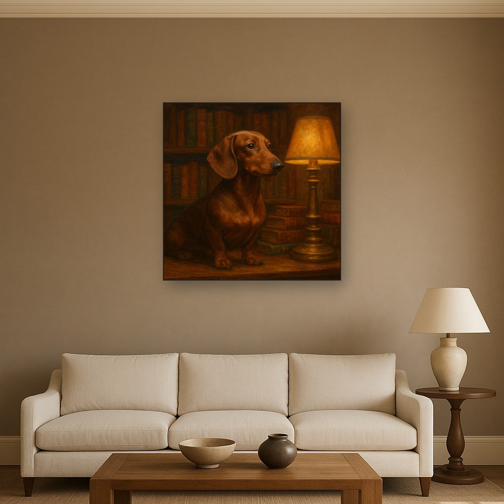 Smooth Dachshund in Moody Library Study No. 7 Fine Art Oil Painting - View 2