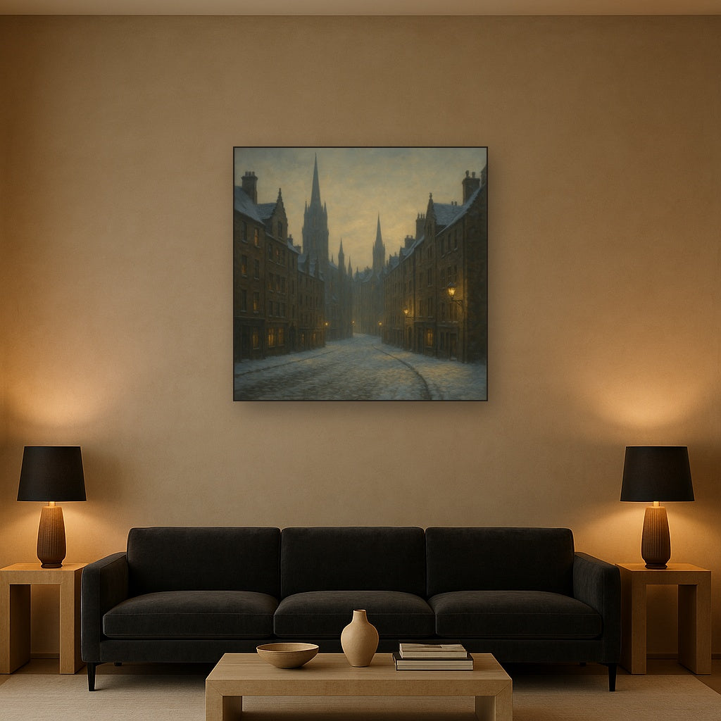 Edinburgh Old Town Royal Mile in Snow No. 20 Oil Painting - View 2