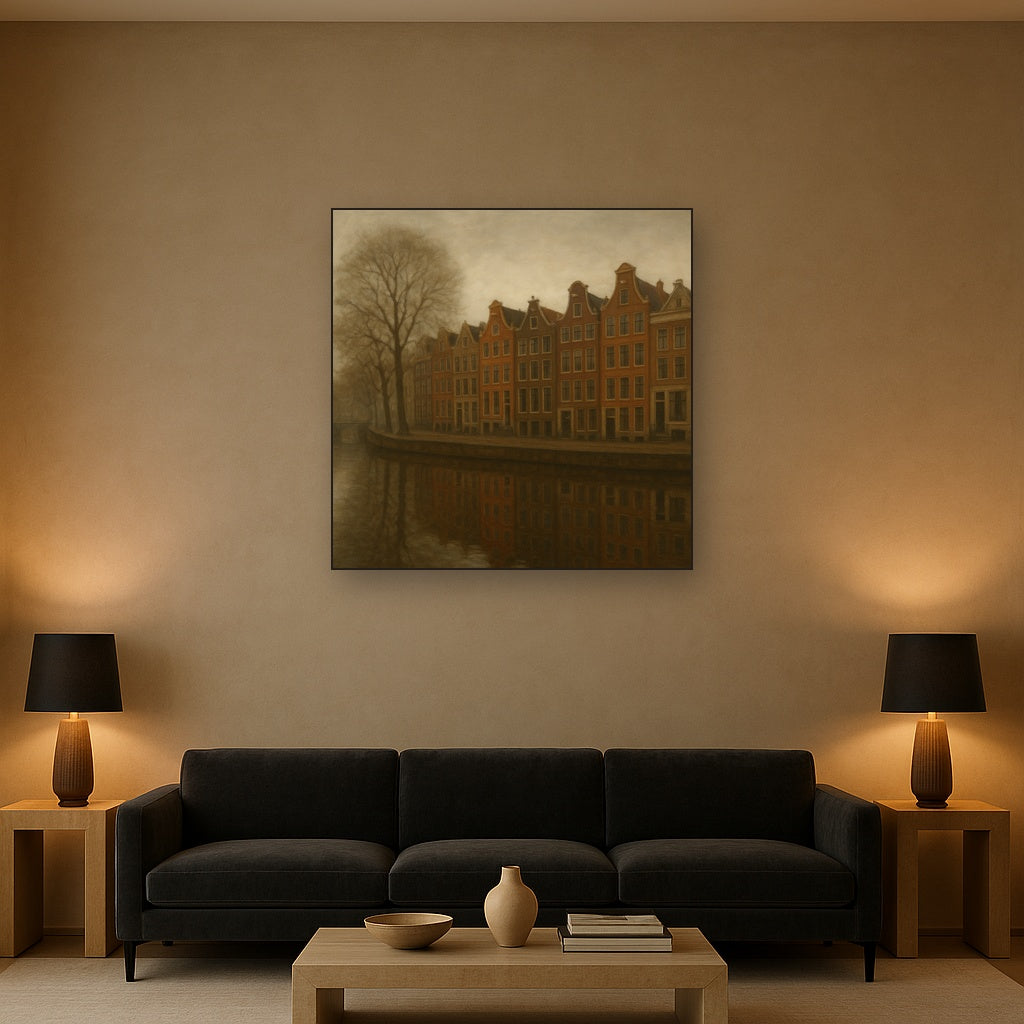 Amsterdam Canal Houses Under Overcast Sky No. 23 Oil Painting - View 2