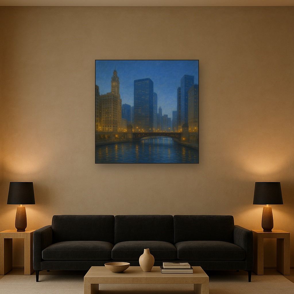 Chicago Riverfront Architecture at Blue Hour No. 28 Oil Painting - View 2