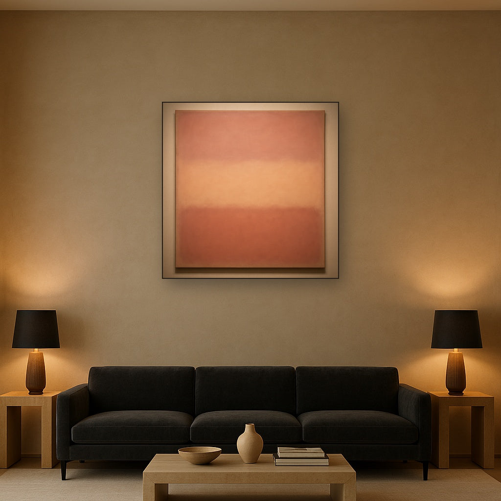 Blush Rose & Dusky Terracotta Ambient Glow No. 12 Oil Painting Staged Above Sectional Sofa in Living Room, Hand Painted Canvas Wall Art for Home Decor