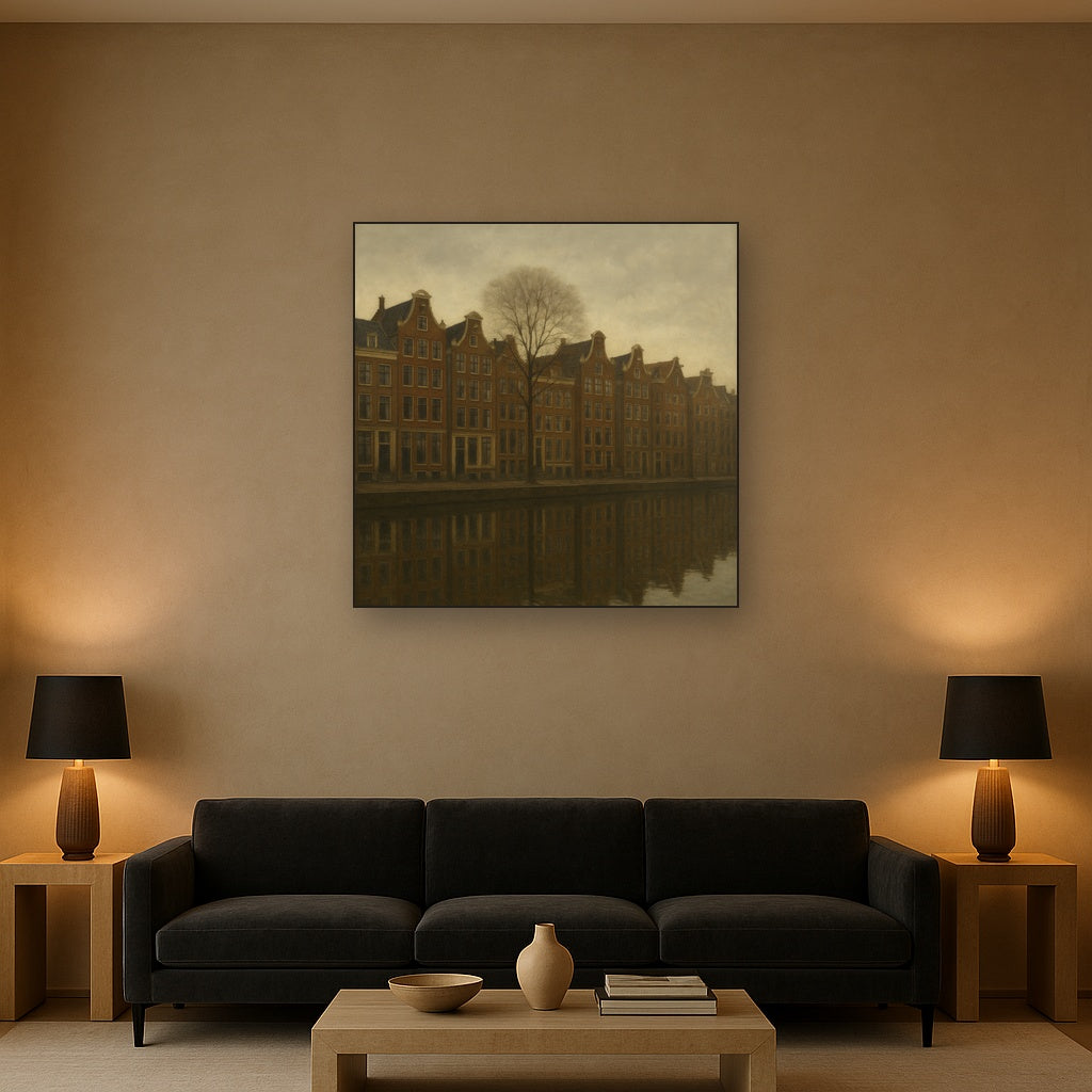 Amsterdam Canal Houses Under Overcast Sky No. 22 Oil Painting Staged Above Sectional Sofa in Living Room, Hand Painted Canvas Wall Art for Home Decor