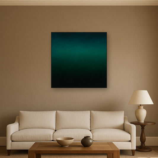 Midnight Teal & Deep Malachite Gradient No. 17 Oil Painting Staged Above Sectional Sofa in Living Room, Hand Painted Canvas Wall Art for Home Decor