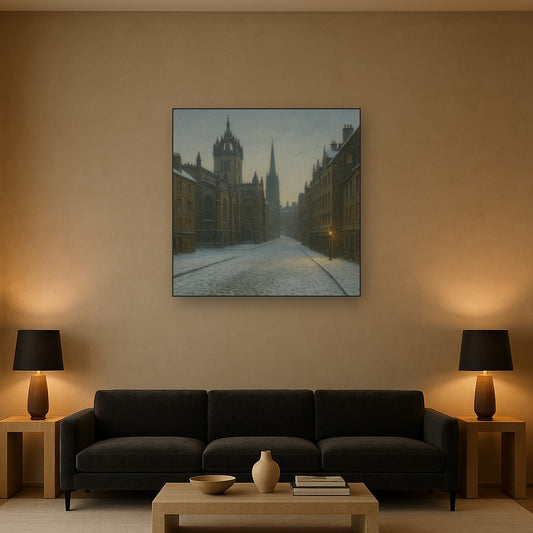 Edinburgh Old Town Royal Mile in Snow No. 24 Oil Painting Staged Above Sectional Sofa in Living Room, Hand Painted Canvas Wall Art for Home Decor