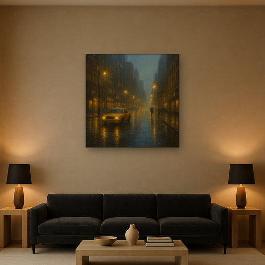 Rain-Drenched Manhattan Avenue Lights No. 14 Oil Painting Staged Above Sectional Sofa in Living Room, Hand Painted Canvas Wall Art for Home Decor