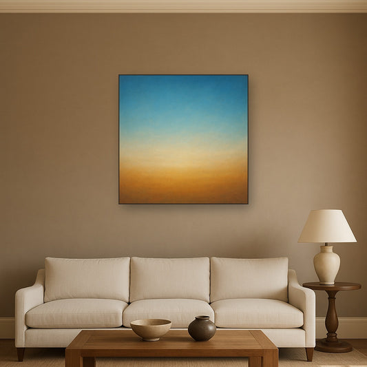 Celestial Azure & Warm Ochre Equilibrium No. 4 Oil Painting Staged Above Sectional Sofa in Living Room, Hand Painted Canvas Wall Art for Home Decor