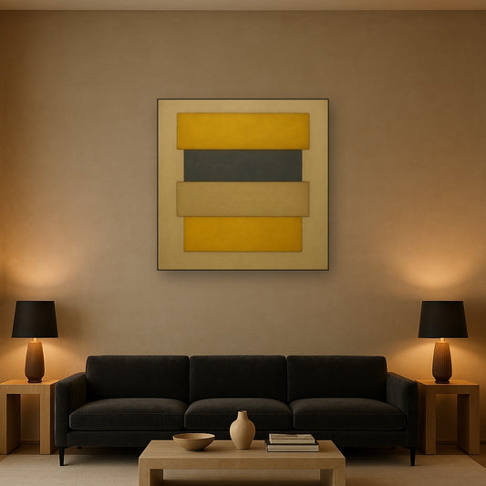 Stacked Horizon Blocks in Mustard & Charcoal No. 24 Oil Painting Staged Above Sectional Sofa in Living Room, Hand Painted Canvas Wall Art for Home Decor