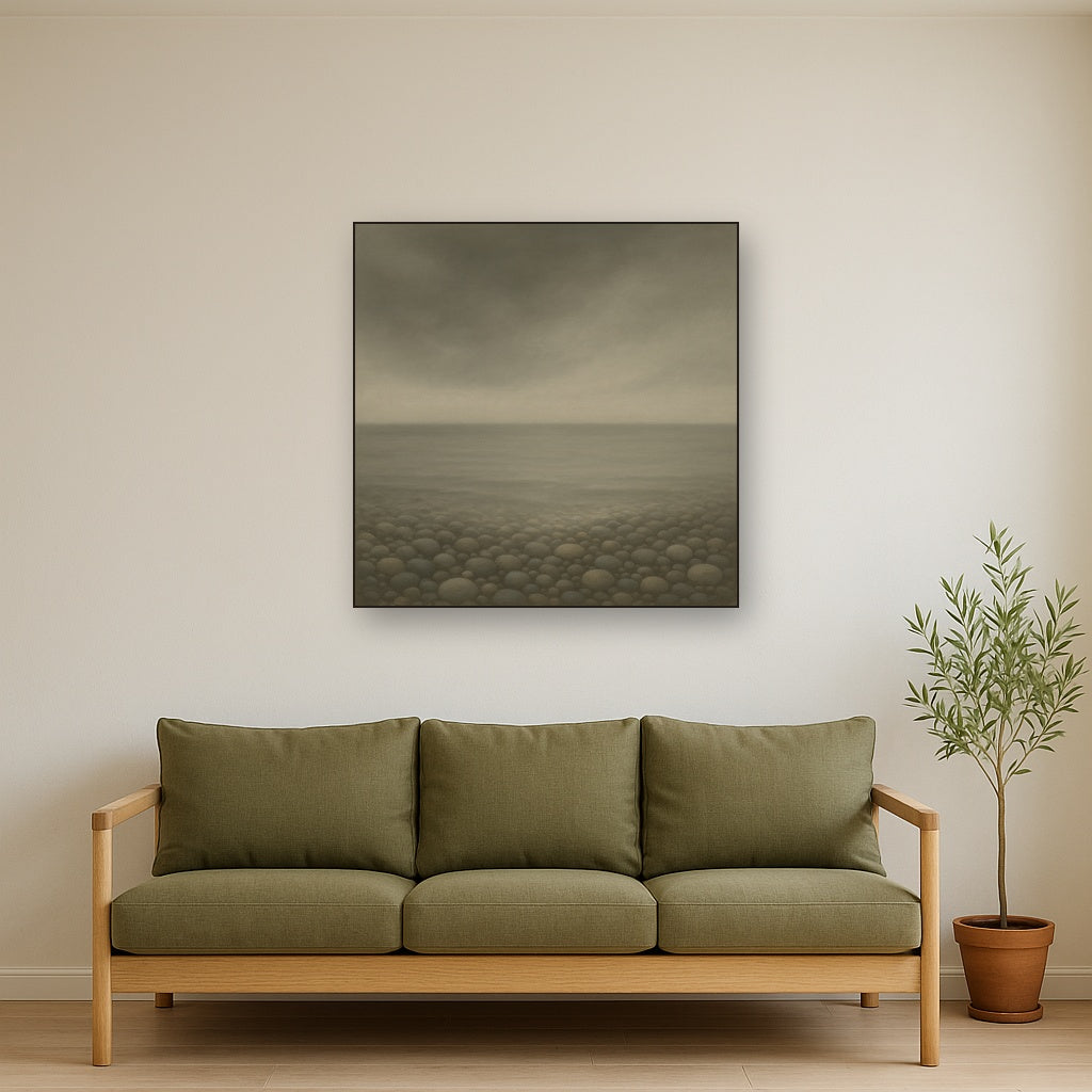 Overcast Coastal Fog & Wet Pebble Shingle No. 12 Oil Painting Staged Above Sectional Sofa in Living Room, Hand Painted Canvas Wall Art for Home Decor