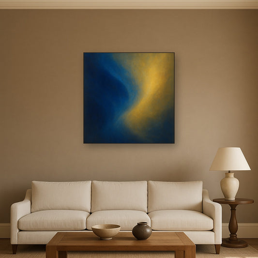 Lapis Lazuli & Golden Ochre Luminous Field No. 5 Oil Painting Staged Above Sectional Sofa in Living Room, Hand Painted Canvas Wall Art for Home Decor