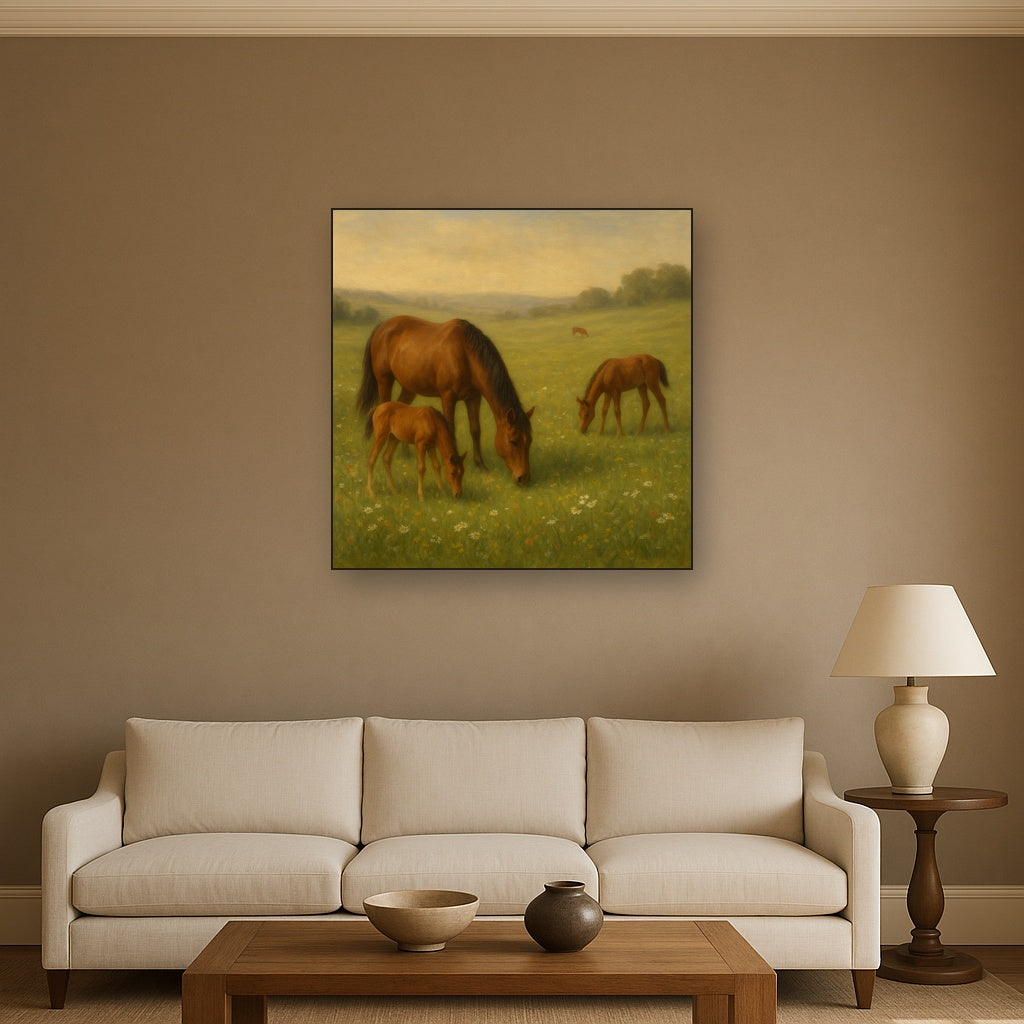 Mares & Foals Grazing in Rolling Meadow No. 9 Oil Painting - View 2