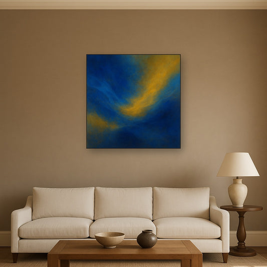 Lapis Lazuli & Golden Ochre Luminous Field No. 9 Oil Painting Staged Above Sectional Sofa in Living Room, Hand Painted Canvas Wall Art for Home Decor