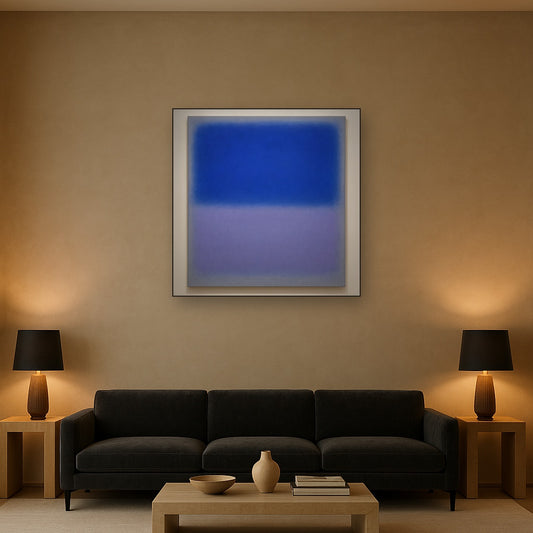 Cobalt Azure & Twilight Lavender Immersion No. 16 Oil Painting Staged Above Sectional Sofa in Living Room, Hand Painted Canvas Wall Art for Home Decor